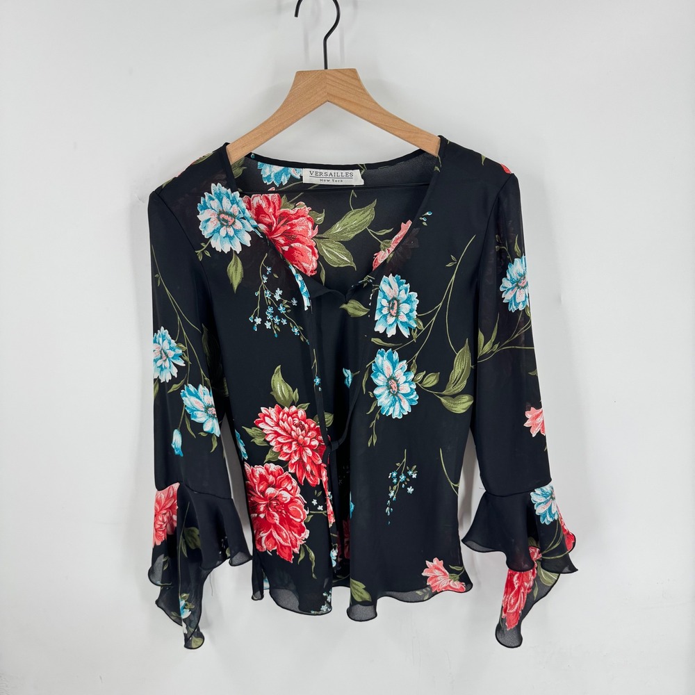 Vintage Floral Blouse Black XL Sheer Bell Sleeve Boho Ruffle Chiffon Top